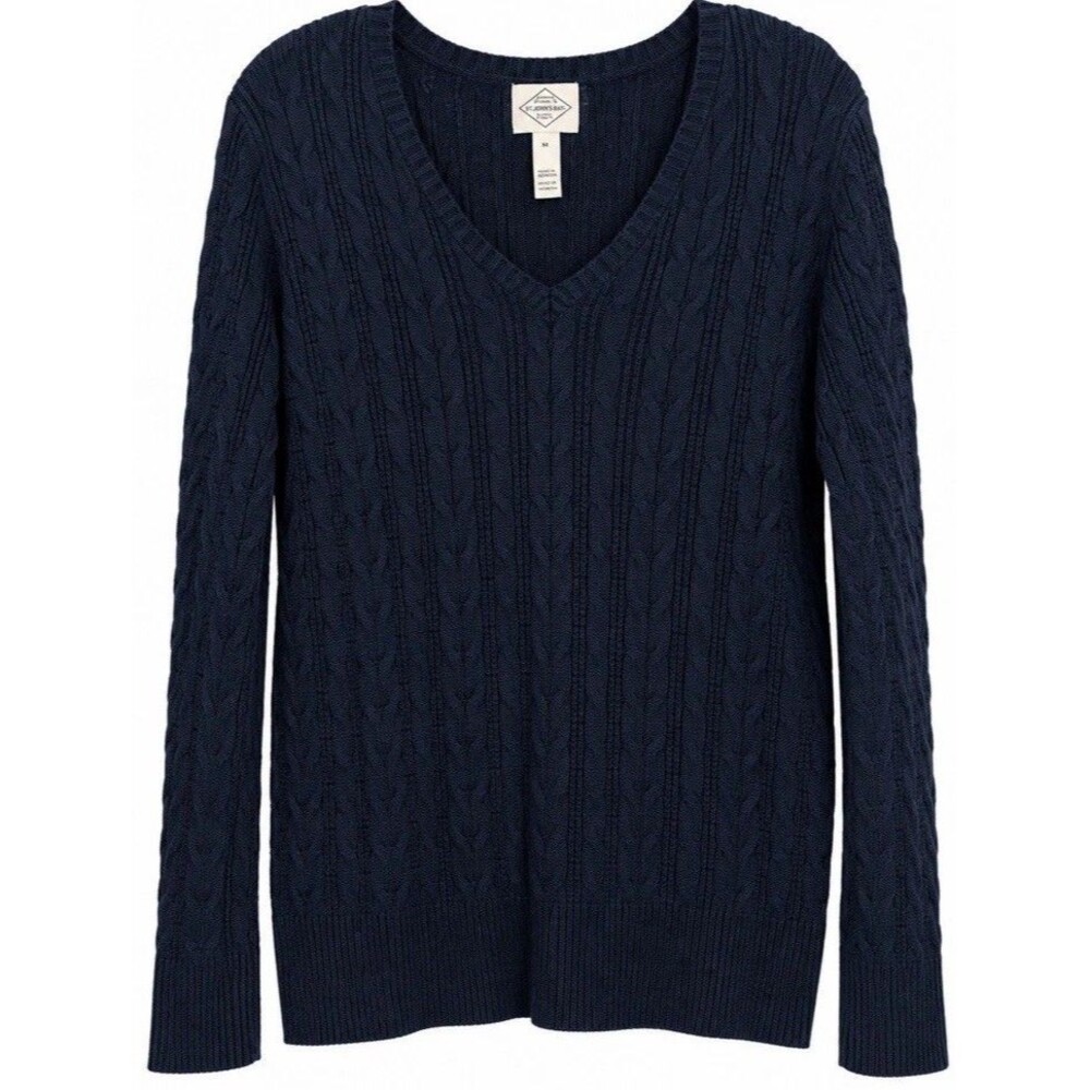 St. Johns Bay Women’s XL Black Cable Knit V-Neck Sweater Classic Preppy